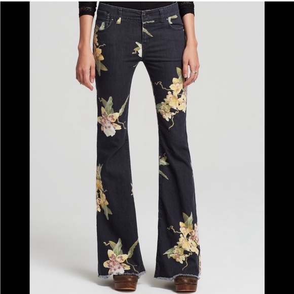 Free People Floral Bali Flare Leg Jeans Low Rise Stretchy In Miami Night Size 28 - Picture 4 of 10